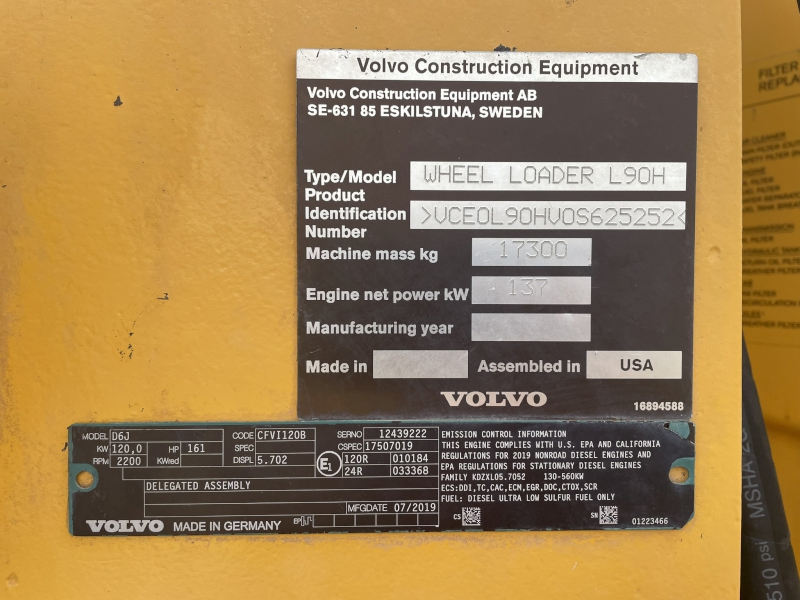 2019 VOLVO L90H WHEEL LOADER
