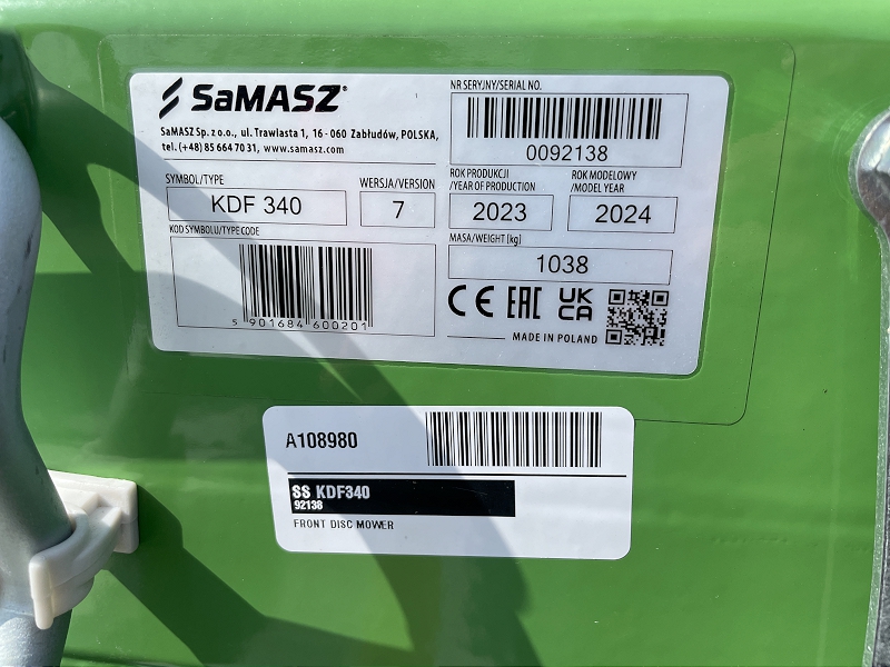 2025 SAMASZ TRIPLE DISC MOWER (KDD941 REAR DISC MOWER & KDF340 FRONT DISC MOWER)