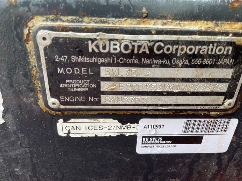 2020 KUBOTA SVL75-2 COMPACT TRACK LOADER