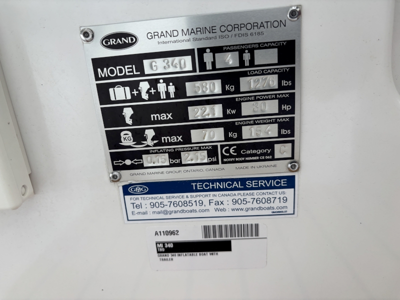 2015 GRAND G340 INFLATABLE BOAT WITH TRAILER