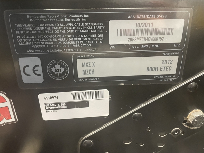 Snowmobiles  2012 SKI-DOO MXZ X 800R E-TEC SNOWMOBILE Photo