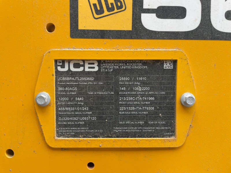 2020 JCB 560-80 AGRI SUPER TELEHANDLER