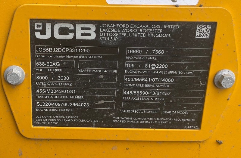 2023 JCB 538-60 AGRI TELEHANDLER