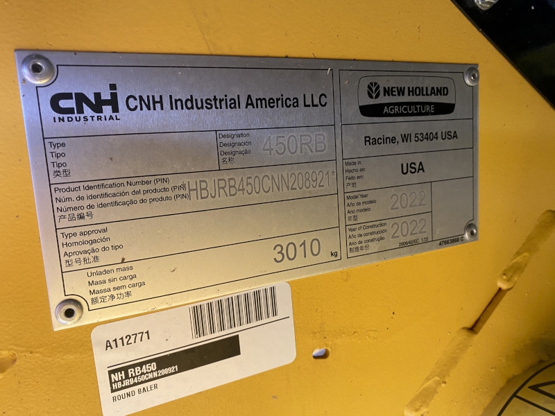 2022 NEW HOLLAND ROLLBELT 450 ROUND BALER