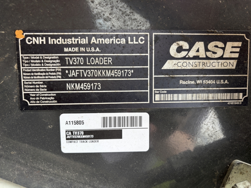 2019 CASE TV370 COMPACT TRACK LOADER