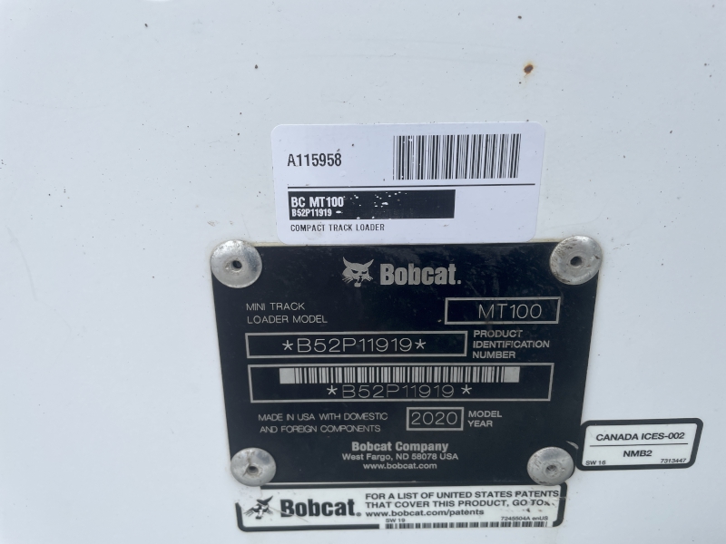 2020 BOBCAT MT100 COMPACT TRACK LOADER