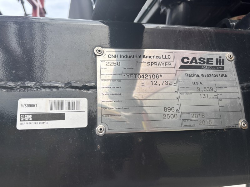 2016 CASE IH PATRIOT 2250 HIGH CLEARANCE SPRAYER